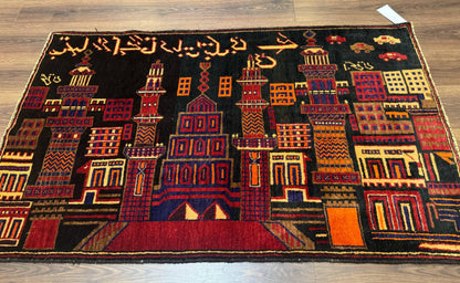 Balouch Rug 3x5, City Pictorial, Afghan Rug