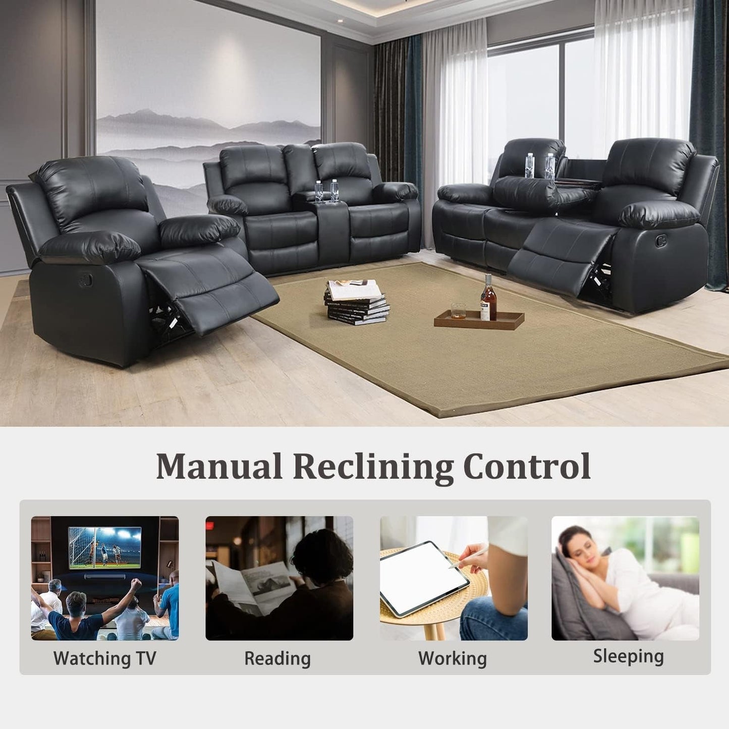 Manual Recliner Sofa Set, Bonded Leather Sofa Set Living Room Furniture, Reclining Sofa Set Leather Recliner Couch with Cup Holder/Storage Console for Living Room (3 Pieces Couch Set,Black)-2