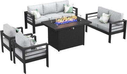 Aluminum Furniture Set with Fire Pit Table, 5 Pieces Patio Sectional Conversation Chat Sofa Modern Seating Set-1