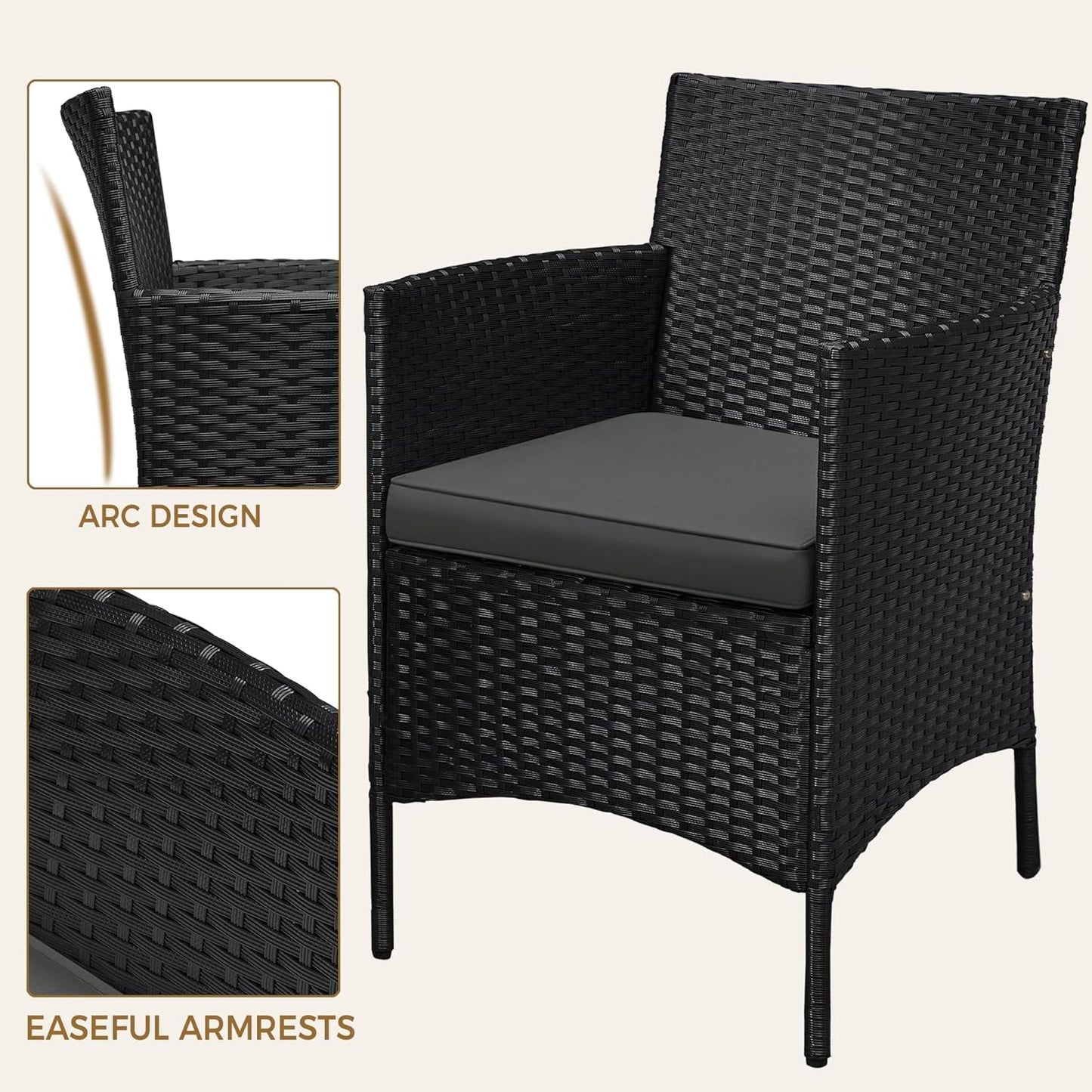 3 Pieces Patio Porch Furniture Set, Outdoor PE Rattan Wicker Conversation Set with Soft Cushions, Glass Coffee Table & 2 Chairs for Garden/Deck/Courtyard/Poolside, Black/Gray-4