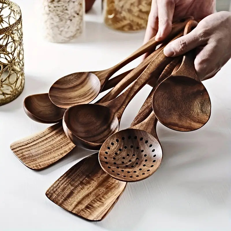 7-Piece Natural Teak Wooden Spoons for Cooking Set-1