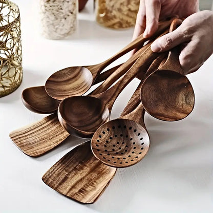 7-Piece Natural Teak Wooden Spoons for Cooking Set-1