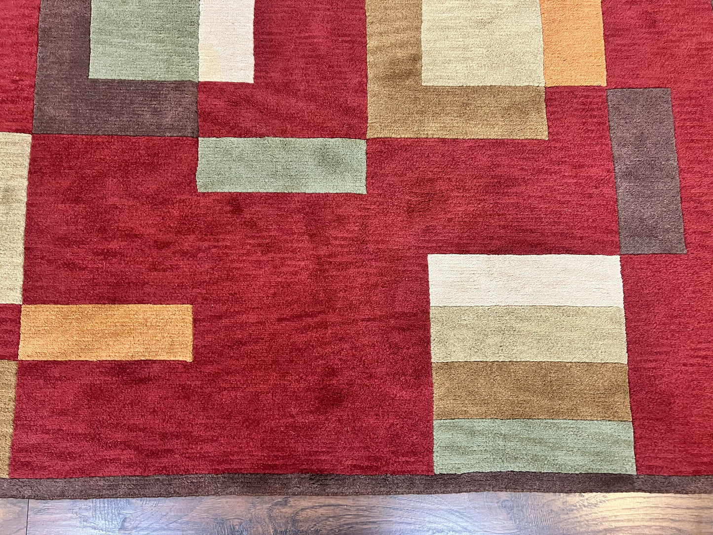 Indo Tibetan Modern Rug 5x8, Abstract Rug 5 x 8 ft, Red Multicolor Wool Handmade Contemporary Area Rug-4