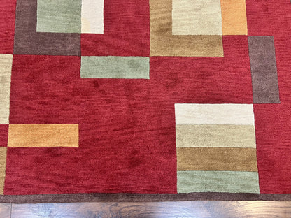 Indo Tibetan Modern Rug 5x8, Abstract Rug 5 x 8 ft, Red Multicolor Wool Handmade Contemporary Area Rug-4