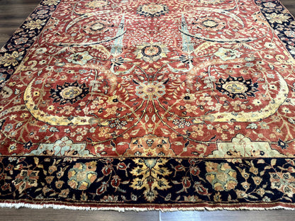 Indian Agra Rug 9x11, Terracotta and Navy Blue, Sickle Leaf Rug-4