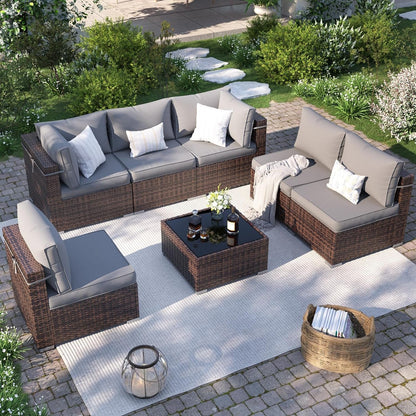 Patio Furniture Set, 7-Piece Outdoor Sectional with Waterproof Cover, All-Weather Wicker Patio Conversation Sets for Backyard (Brown with Grey Cushion)-1