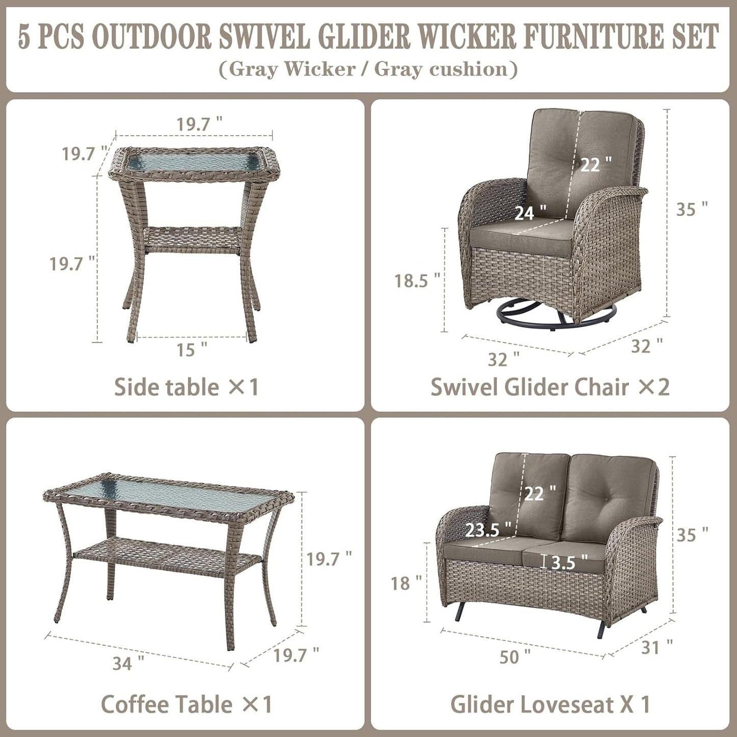 5 Piece Outdoor Patio Furniture Set with Deep Seating Swivel Rocker Chairs Loveseat and Rattan Coffee Table Outdoor Conversation Sets for Deck Backyard Poolside,Gray Wicker Gray Cushion-1