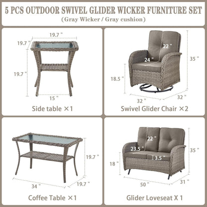 5 Piece Outdoor Patio Furniture Set with Deep Seating Swivel Rocker Chairs Loveseat and Rattan Coffee Table Outdoor Conversation Sets for Deck Backyard Poolside,Gray Wicker Gray Cushion-1