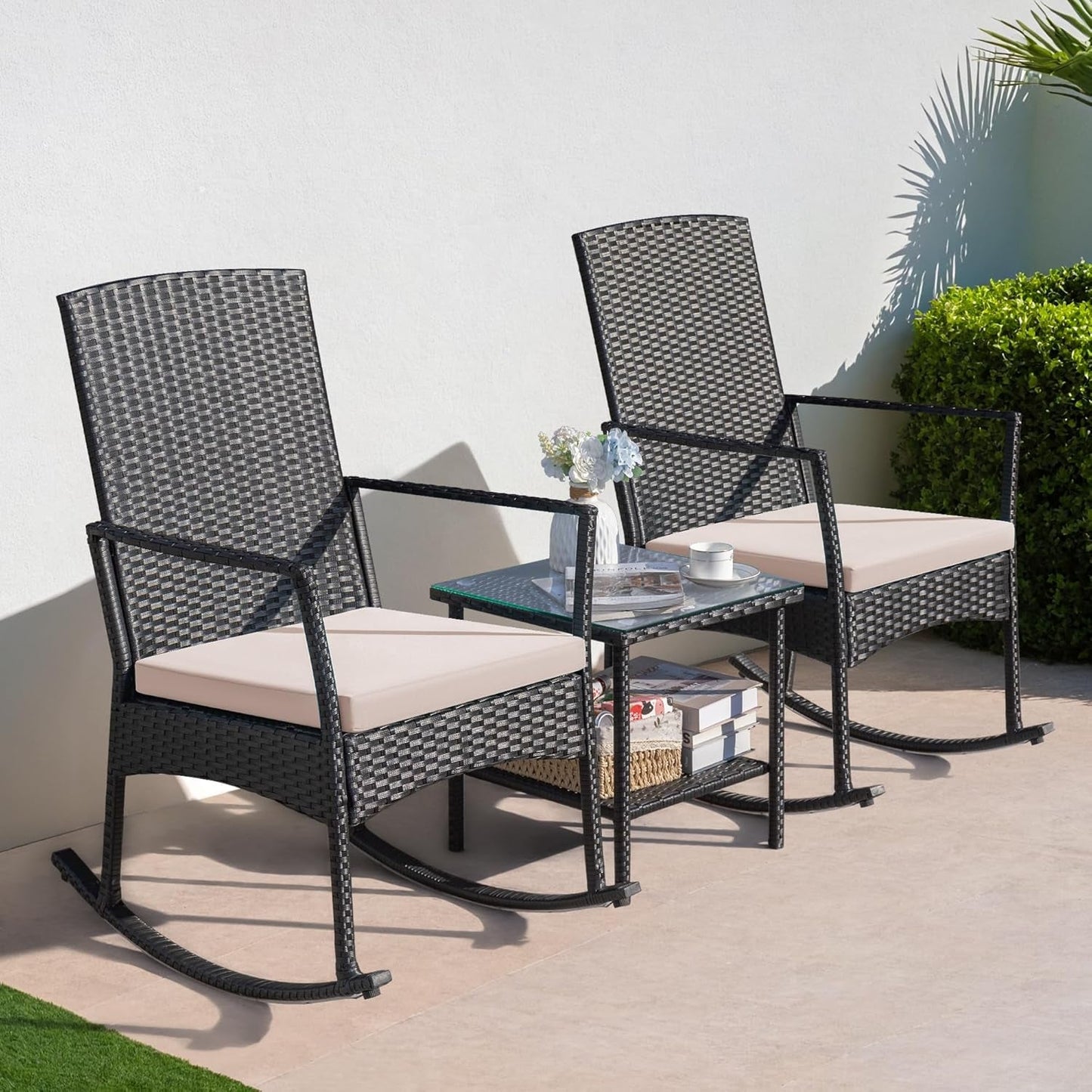 3 Pieces Patio Furniture Set Outdoor Wicker Rocking Chairs with Glass Coffee Table for Garden Backyard Porch Poolside, Beige-2