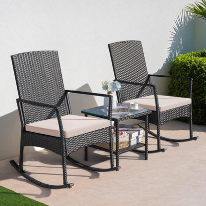 3 Pieces Patio Furniture Set Outdoor Wicker Rocking Chairs with Glass Coffee Table for Garden Backyard Porch Poolside, Beige-2