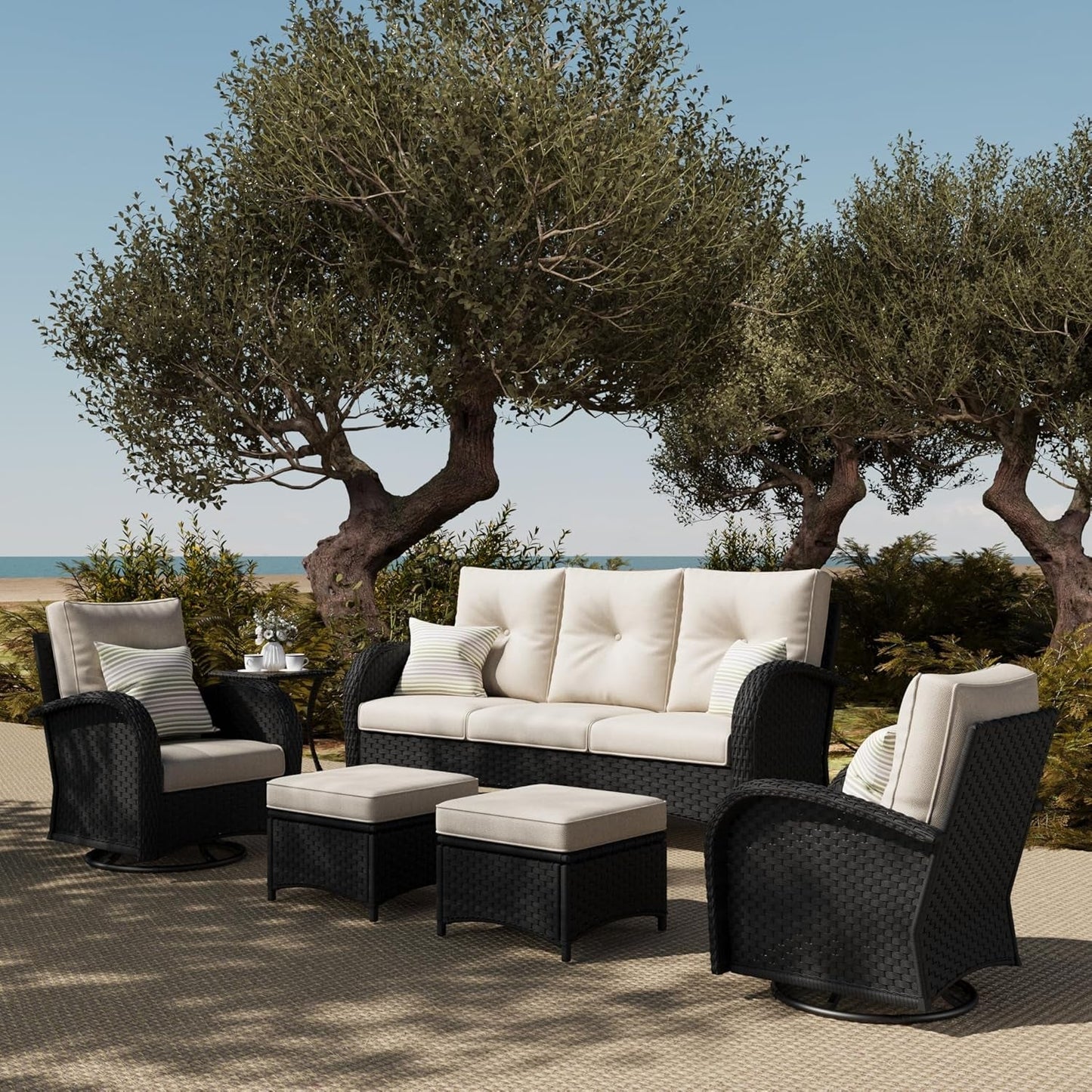 6 Pieces Outdoor Patio Furniture Set, Rattan Wicker Sectional Swivel Rocker Chairs Sets