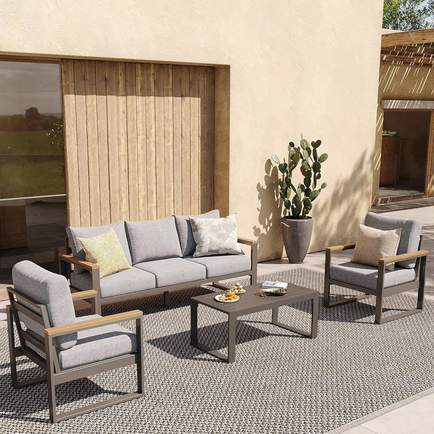 Aluminum Patio Furniture Set, 4 Piece Modern Outdoor Furniture with 6 Inch Cushion, Metal Patio Sectional Conversation Sets for Deck, Backyard, Porch (Grey)