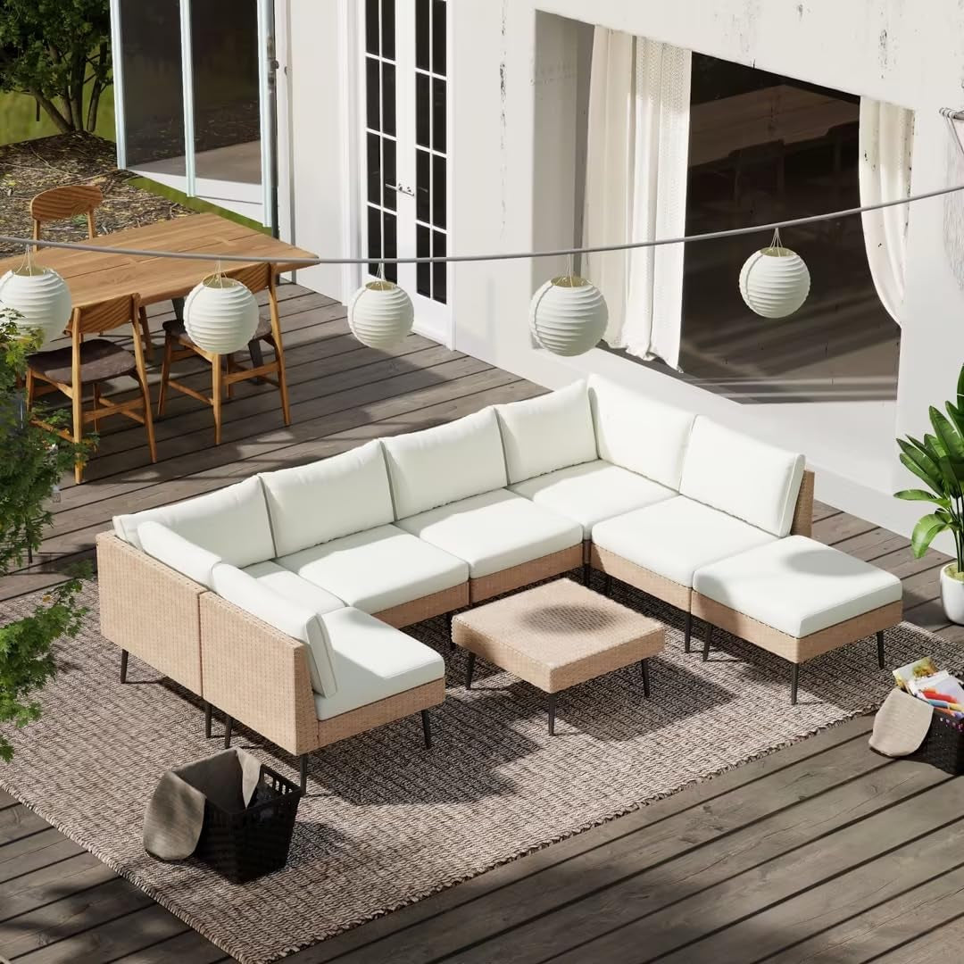 Outdoor Patio Sectional Furniture Set, 8 Piece Wicker Conversation Patio Furniture Wtih Extra Waterproof Cover and Thick Cushions for Garden, Backyard