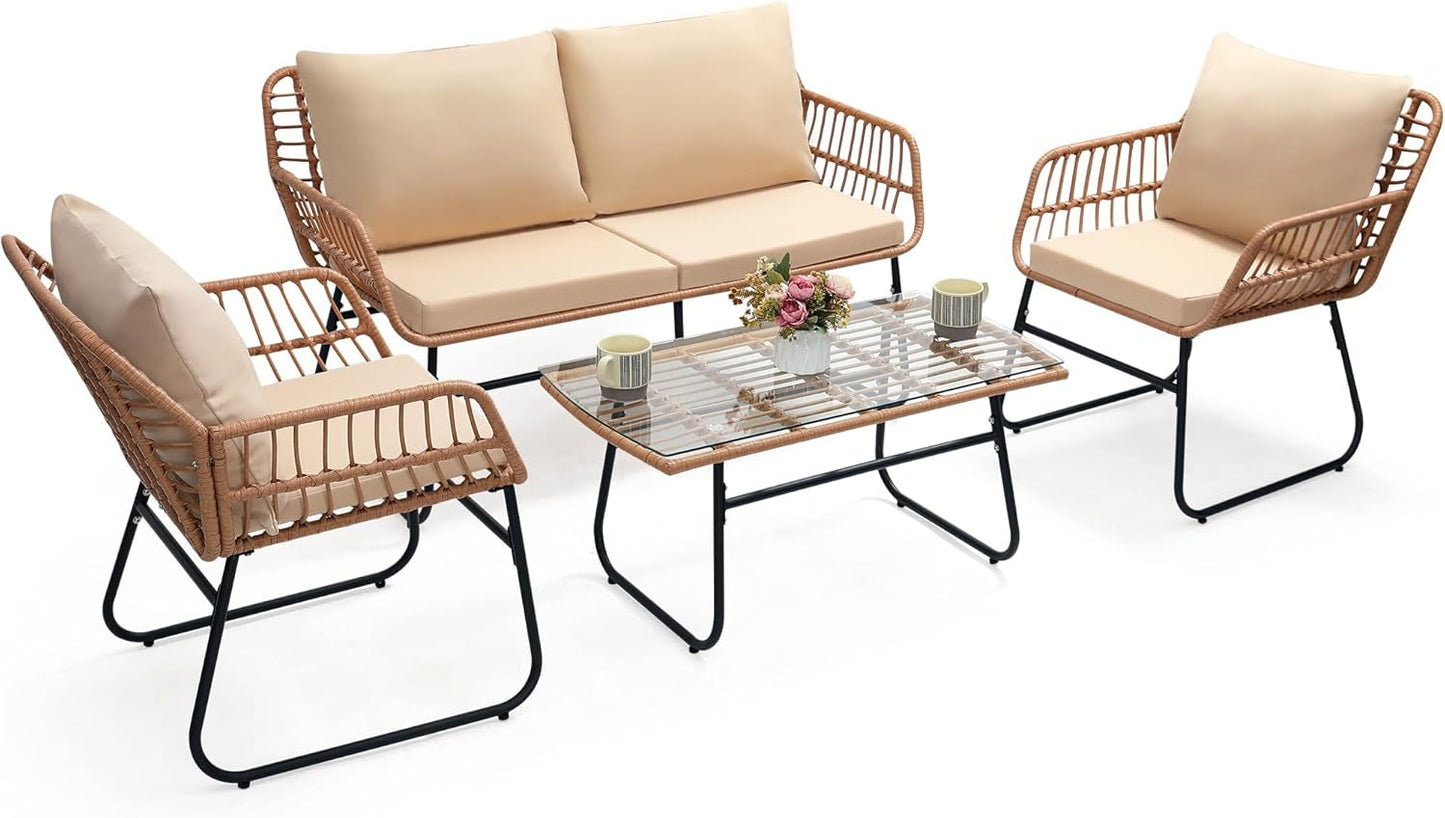 Four Piece Outdoor Wicker Sofa Rattan Chairs Set