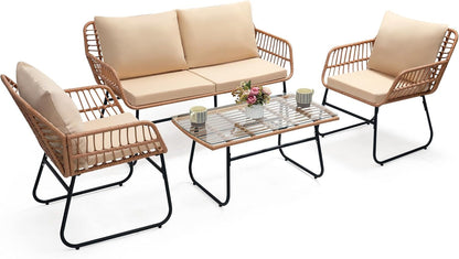 Four Piece Outdoor Wicker Sofa Rattan Chairs Set