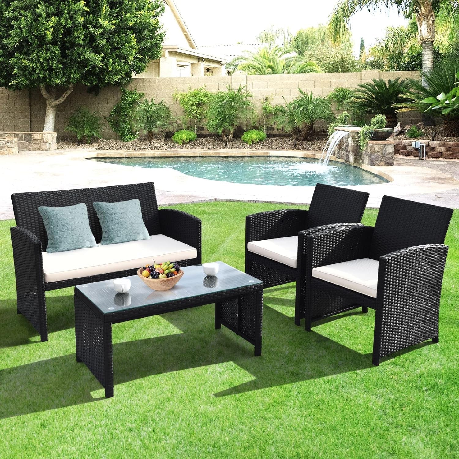 4-Piece Rattan Patio Furniture Set, Outdoor Wicker Conversation Sofa with Weather Resistant Cushions and Tempered Glass Tabletop for Lawn Backyard Pool Garden (White(Black Wicker))-3