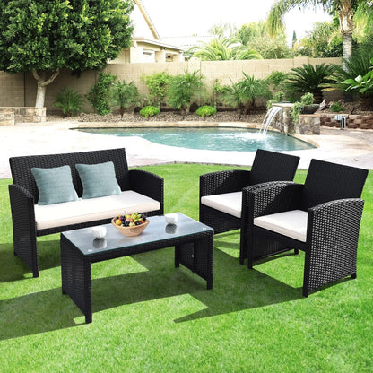 4-Piece Rattan Patio Furniture Set, Outdoor Wicker Conversation Sofa with Weather Resistant Cushions and Tempered Glass Tabletop for Lawn Backyard Pool Garden (White(Black Wicker))-3