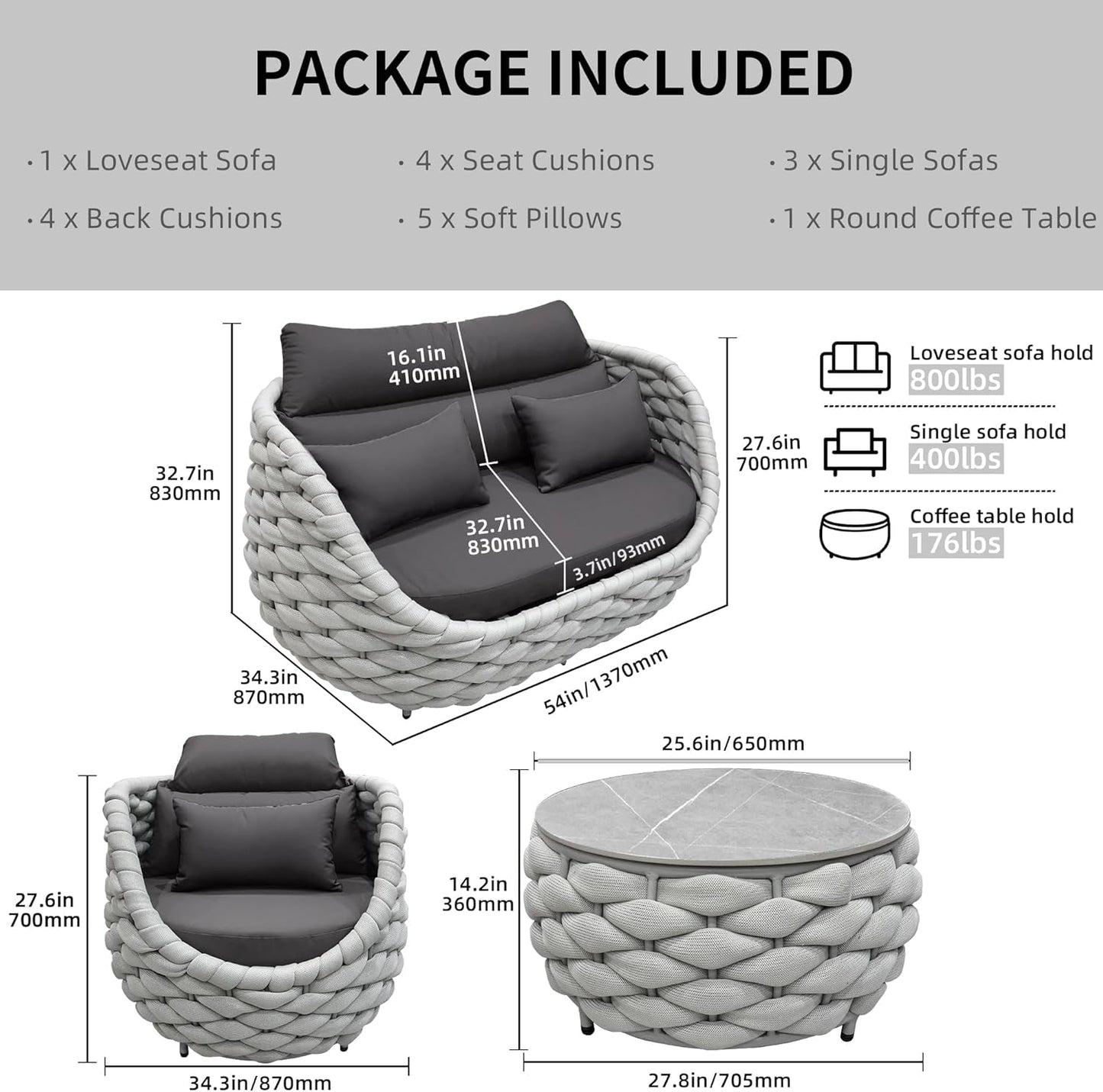 Aluminum Outdoor Patio Furniture Set with Coffee Table, 6 Piece Patio Conversation Sets with Washable Cushions Covers, Patio Sectional Furniture Set for Porch, Balcony, Deck, Yard-1