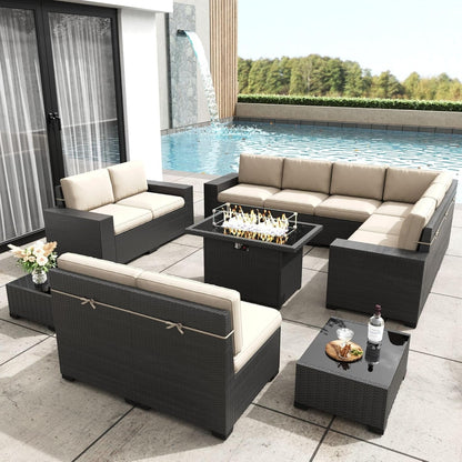 Patio Furniture Set with Fire Pit Table, 13 Pieces Outdoor All-Weather Wicker Conversation Sectional Chair Sofa Set