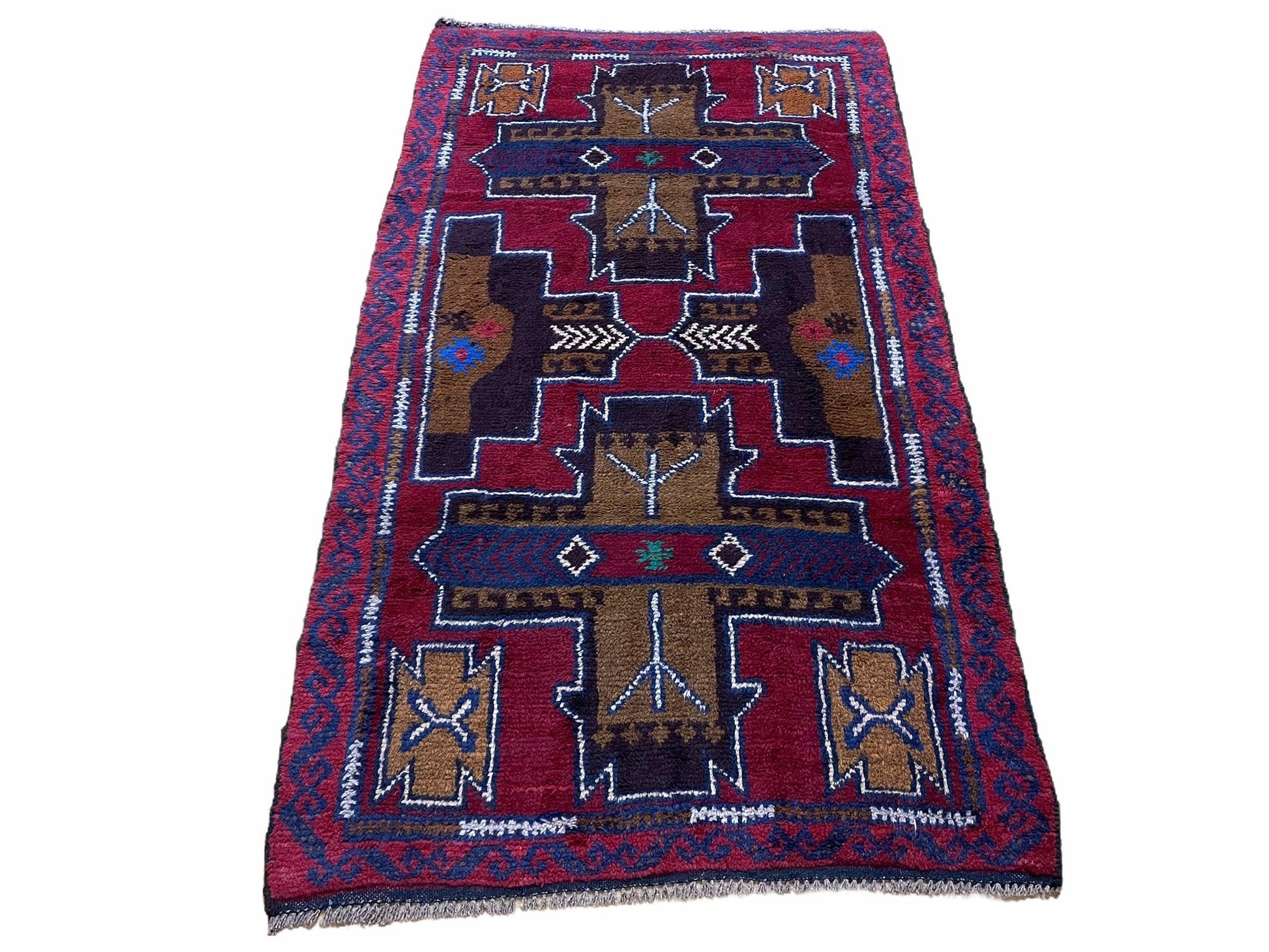 2' 10" X 4' 9" Vintage Handmade Tribal Wool Rug Balouchi Rug Afghan Rug Red Blue-0
