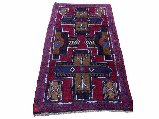 2' 10" X 4' 9" Vintage Handmade Tribal Wool Rug Balouchi Rug Afghan Rug Red Blue-0
