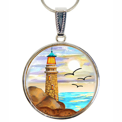 Light House Silver Plated Mother of Pearl Jewelry Pendant Necklace Coastal - 44049