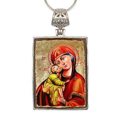 Virgin Mary Religious Jewelry Silver Plated Necklace, Gold-Plated Wooden Cabochon - Orthodox Sacred Icon - Inspirational Icon Decor - 43011R