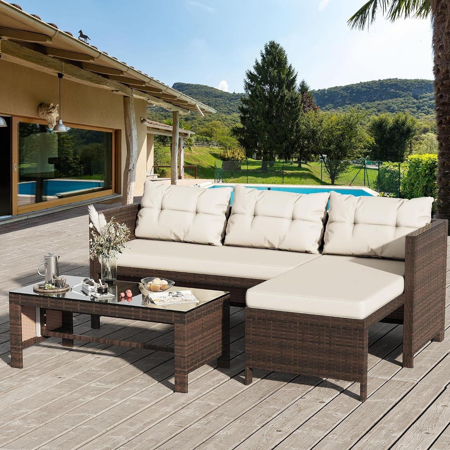 All Weather Wicker Patio Sectional Sofa Set with Table-0