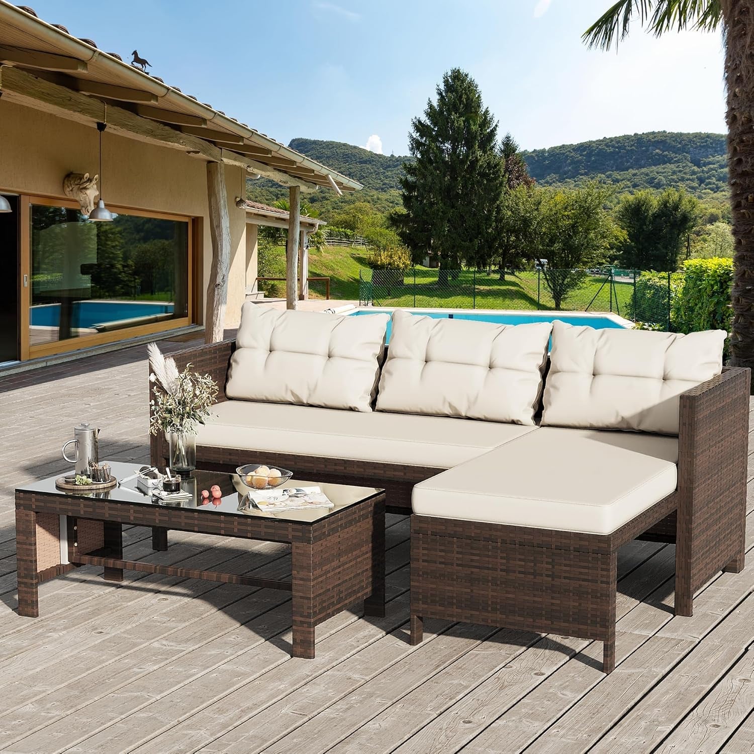 All Weather Wicker Patio Sectional Sofa Set with Table-0