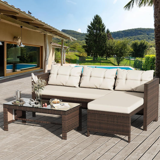 All Weather Wicker Patio Sectional Sofa Set with Table-0