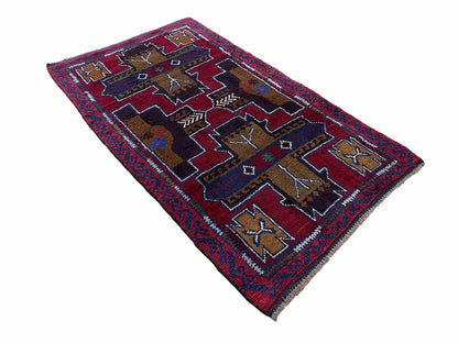 2' 10" X 4' 9" Vintage Handmade Tribal Wool Rug Balouchi Rug Afghan Rug Red Blue-1