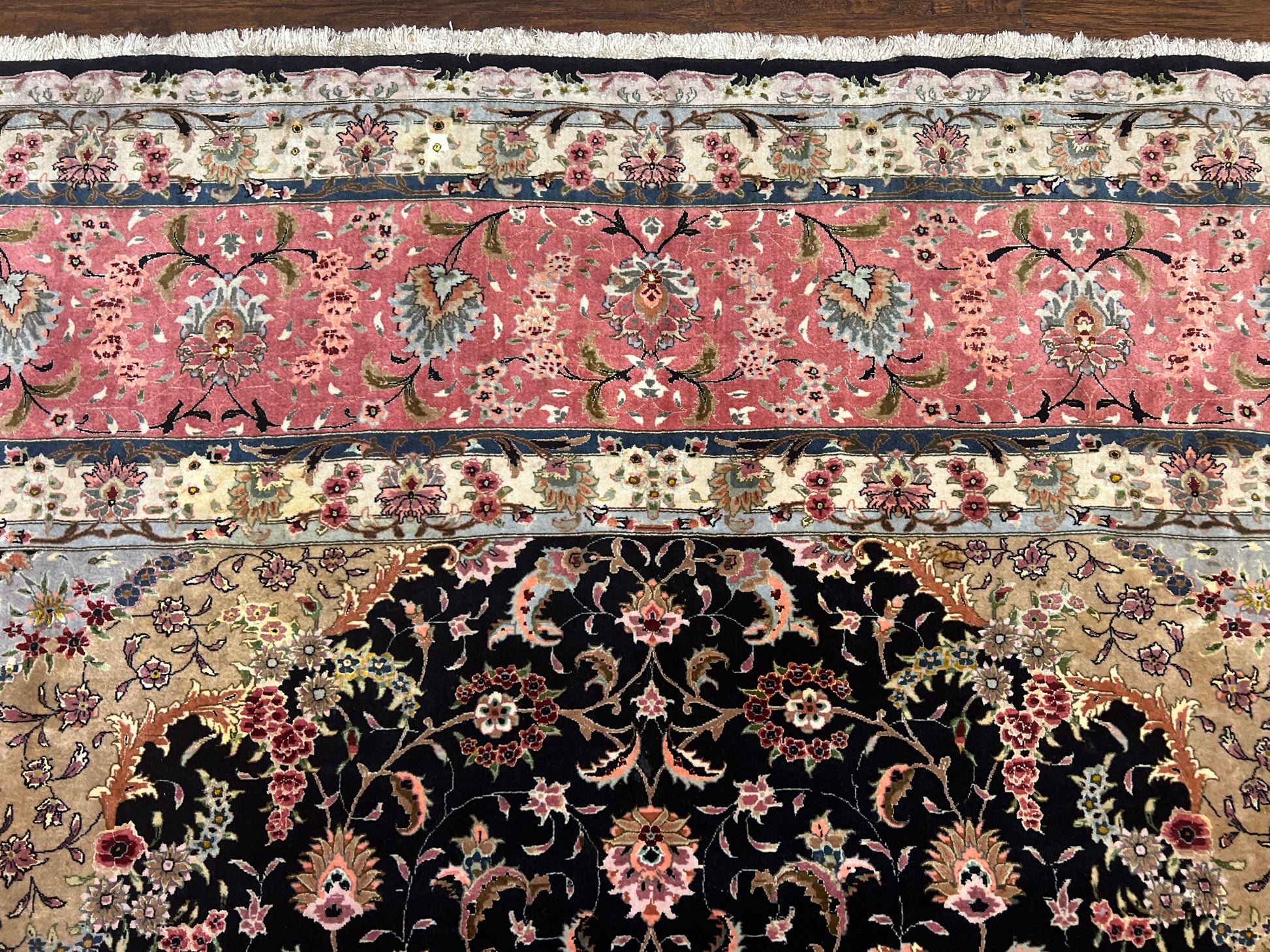 Magnificent Persian Tabriz Rug 11x16, Oversized Persian Carpet 11 x 16 ft, Wool on Silk Finely Hand Knotted, 450 KPSI, Floral Medallion, Black Pink-2
