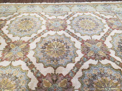 Indo Sultanabad Area Rug 8 x 9.5, Wool Hand-Knotted Ivory Green Teal Decorative Rug, Floral Panel Carpet, Indian Rug, 8 x 10 Bedroom Rug-2