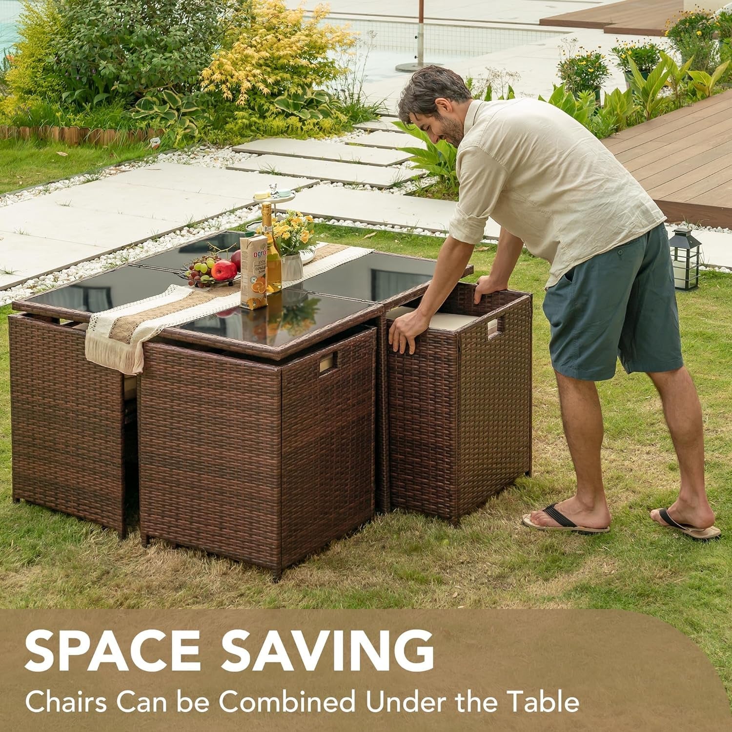 9 Pieces Patio Dining Sets Outdoor Space Saving Rattan Chairs with Glass Table Patio Furniture Sets Cushioned Seating and Back Sectional Conversation Set (Beige)-3