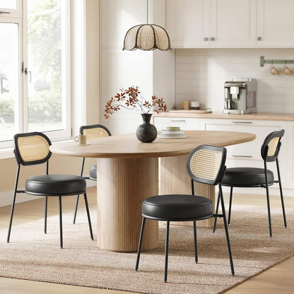 Dining Chairs, Set of 4 Dining Room Chairs with Boho PE Rattan Back, Synthetic Leather Upholstered Accent Chairs for Kitchen Living Room, Ink Black ULDC160B24-0