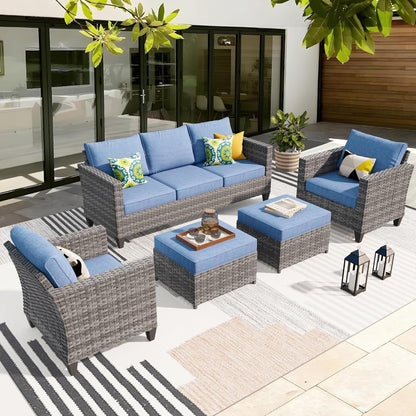 Patio Furniture Set, 5 Pieces Outdoor Wicker Rattan Sofa Couch with Chairs, Ottomans and Comfy Cushions, All Weather High Back Conversation Set Garden Backyard, Denim Blue-0