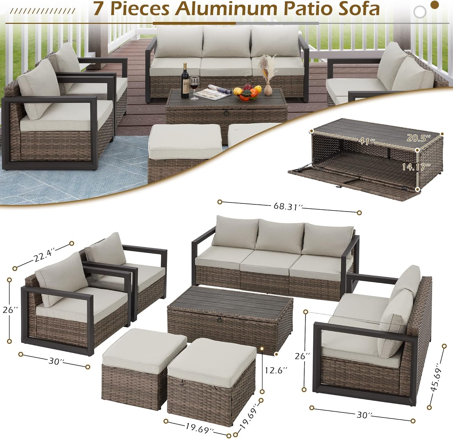 Aluminum Patio Furniture Set with Rattan Sectional Sofa-2