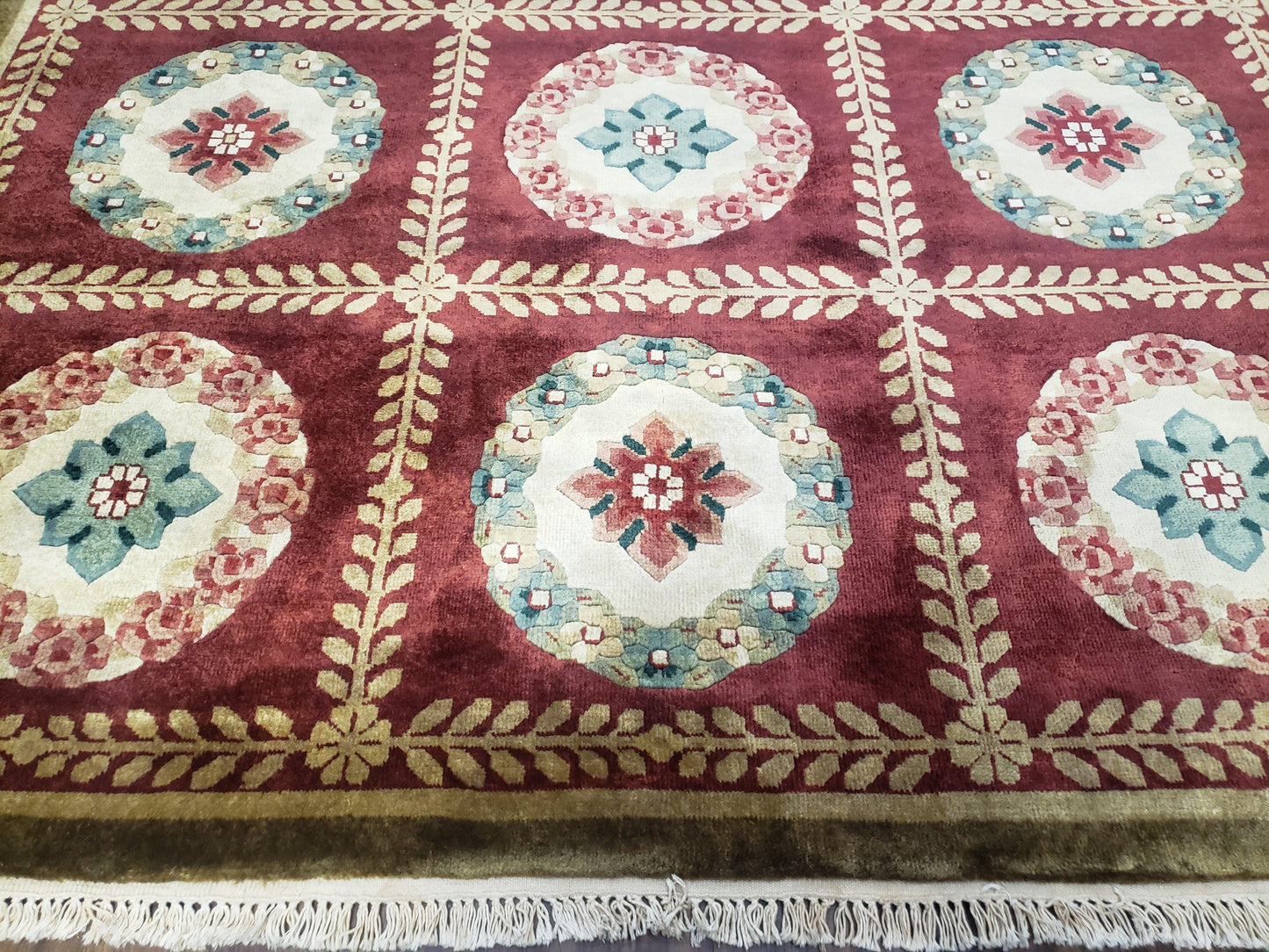 Nepalese Aubusson Panel Rug 6x9, Red & Ivory Soft Plush Tibetan Pile Rug, Wool Hand-Knotted Carpet, 6 x 9 Elegant Area Rug, Office Room Rug-4