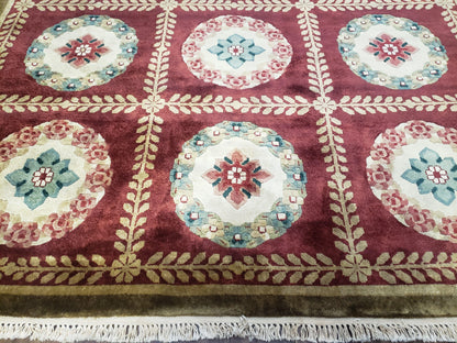 Nepalese Aubusson Panel Rug 6x9, Red & Ivory Soft Plush Tibetan Pile Rug, Wool Hand-Knotted Carpet, 6 x 9 Elegant Area Rug, Office Room Rug-4