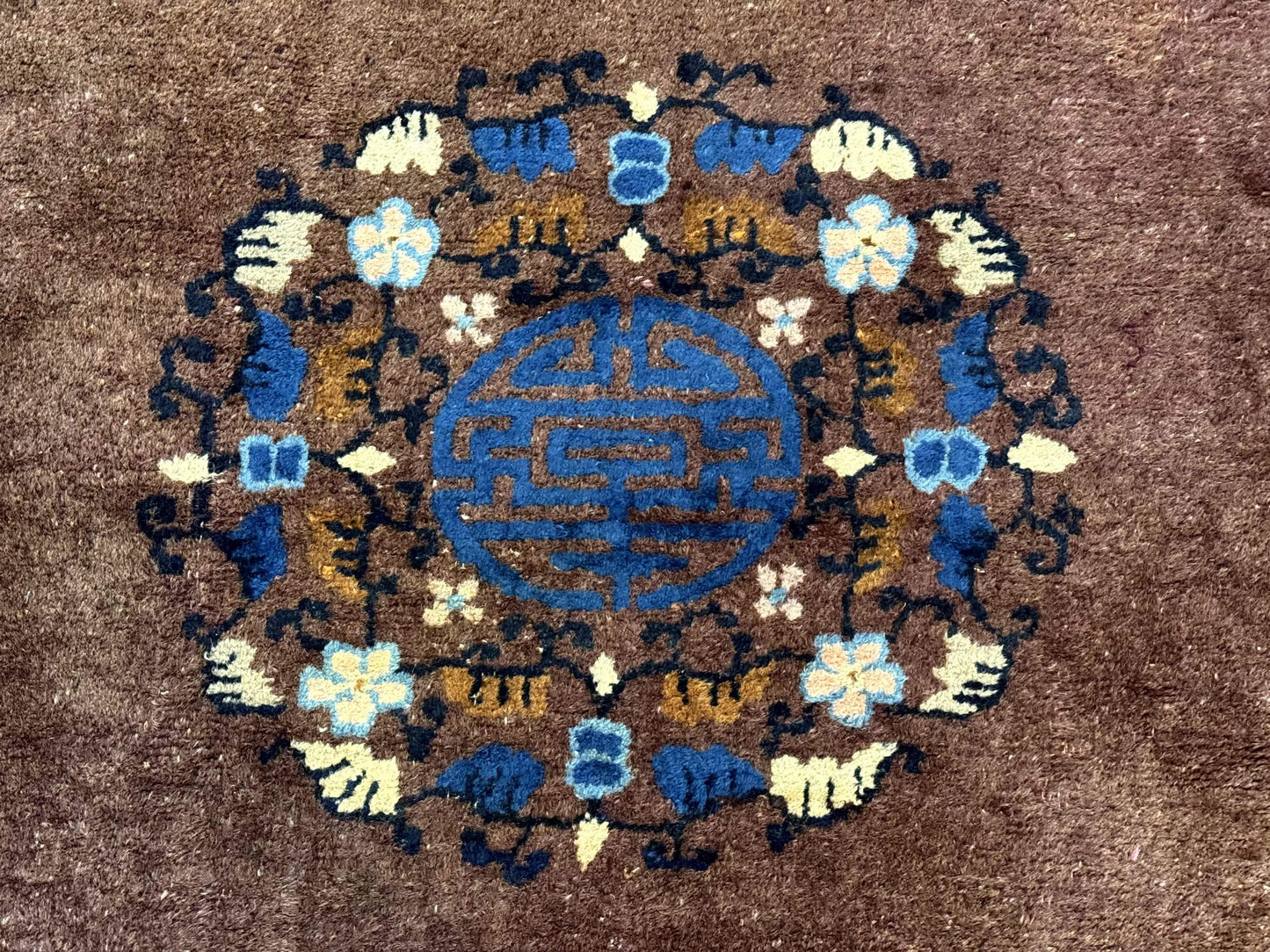 Antique Chinese Wool Rug 9x11, Large Chinese Art Deco Rug, Peking Rug, Brown and Blue, Open Field, Fete Rug