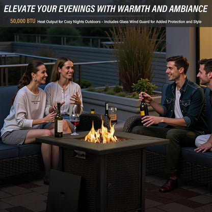 7 Pieces Patio Furniture Set with Fire Pit Table - 4 Outdoor Swivel Rocker Chairs with 50000BTU Propane Fire Table and 2 Side Table, Outdoor Conversation Set for Casual Gathering Brown-3