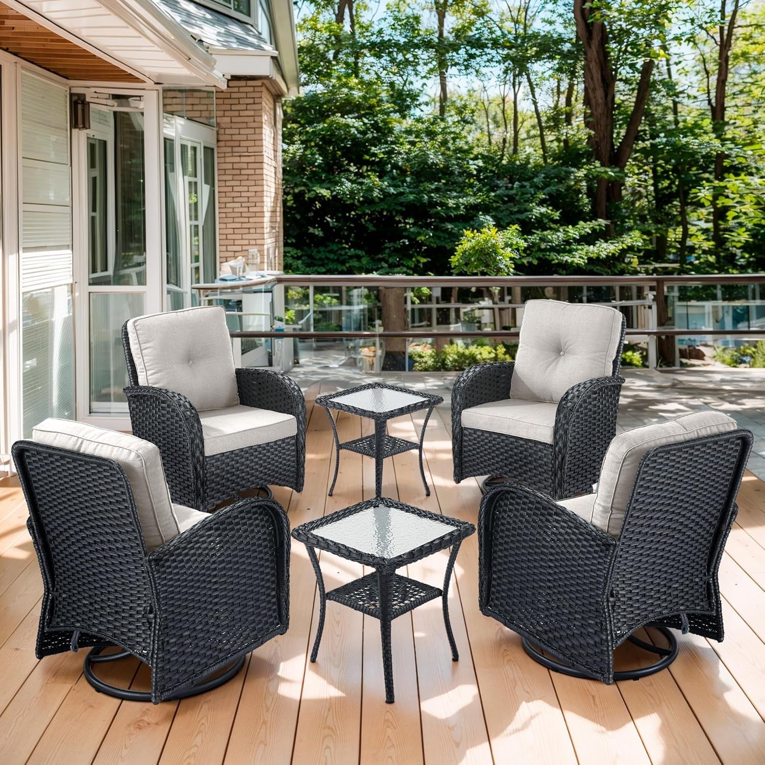 Outdoor Swivel Glider Rocker Chairs Set of 4 - Wicker Patio Furniture Set All Weather Patio Conversatio Sets with 2 Tempered Glass Side Table for Deck Backyard - Black Wicker Beige Cushion-0