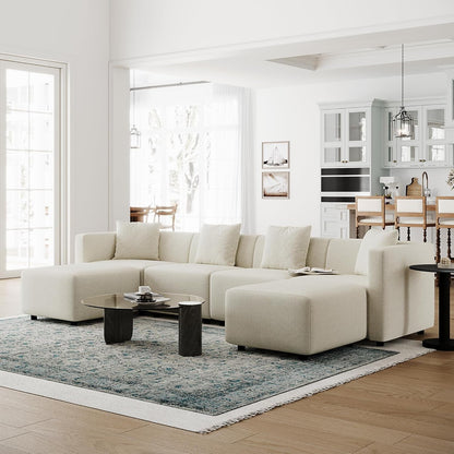 Convertible Modular Sectional Sofa, Modern Linen-Like Fabric Living Room Furniture Set with Reversible Chaise Lounge, Cream U-Shape Couch-4