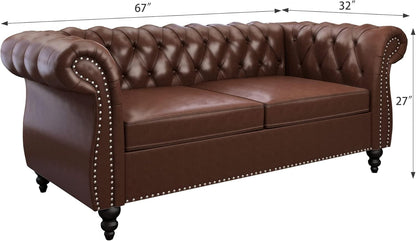 3 Piece Living Room Set, Chesterfield Leather Sofa Loveseat Couch Chair with Scroll Arms and Nailhead for Living Room, Office (Dark Brown)