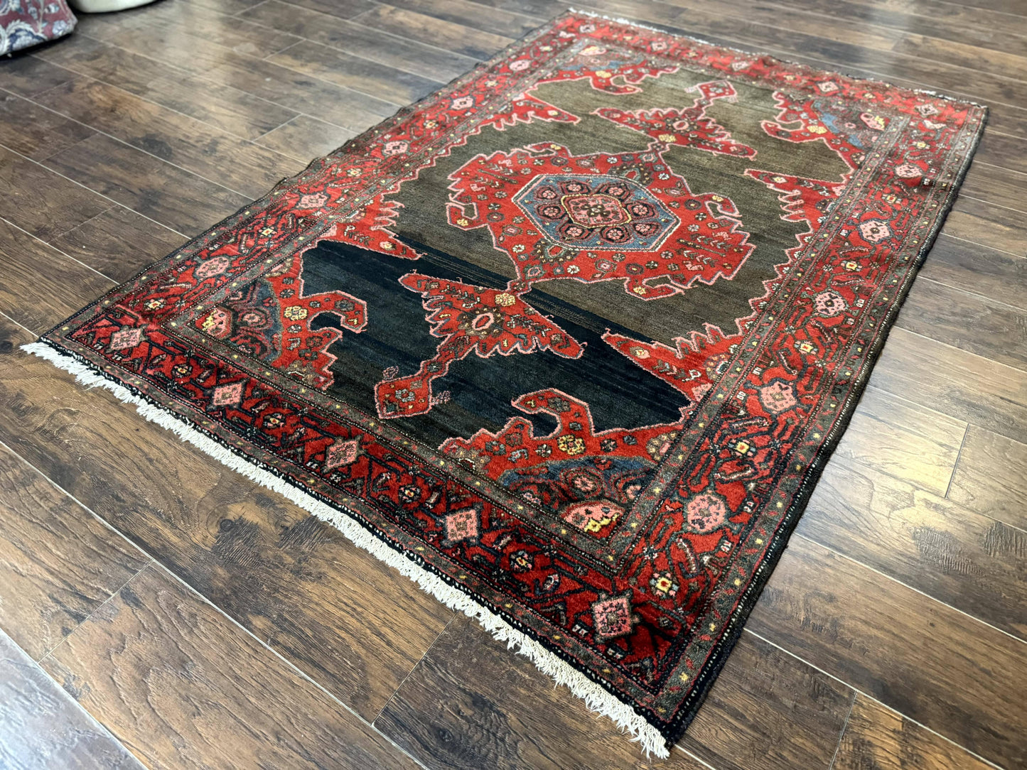 Antique Persian Tribal Rug 5x7, Geometric Wool Carpet, Kurdish Senneh Rug-1