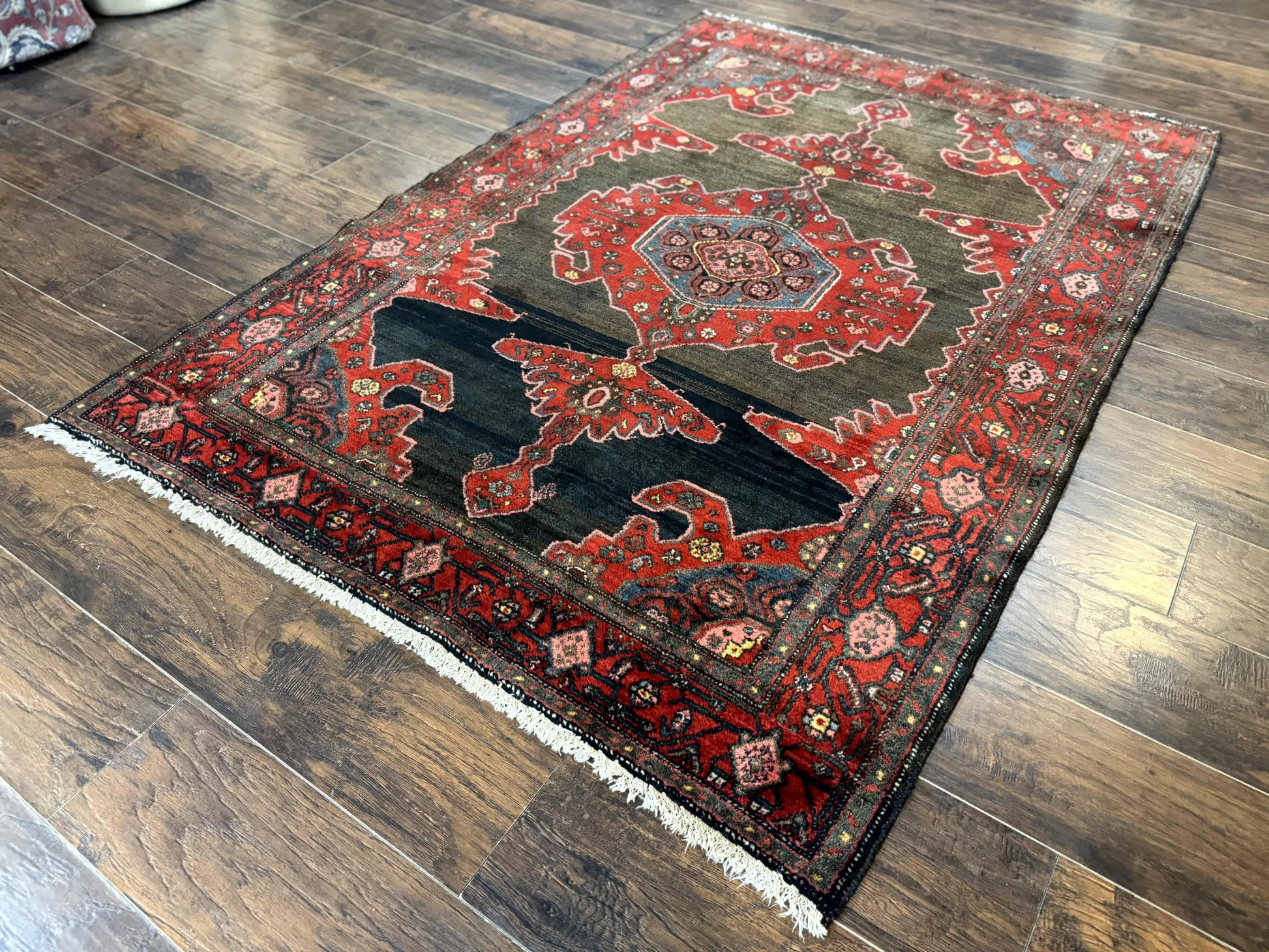 Antique Persian Tribal Rug 5x7, Geometric Wool Carpet, Kurdish Senneh Rug-1