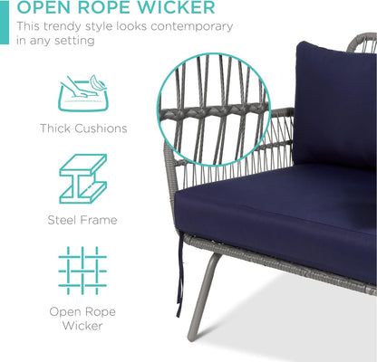 Outdoor Rope Woven Sectional Patio Furniture L-Shaped Conversation Sofa Set for Backyard, Porch W/Thick Cushions, Detachable Lounger, Side Table - Gray/Navy