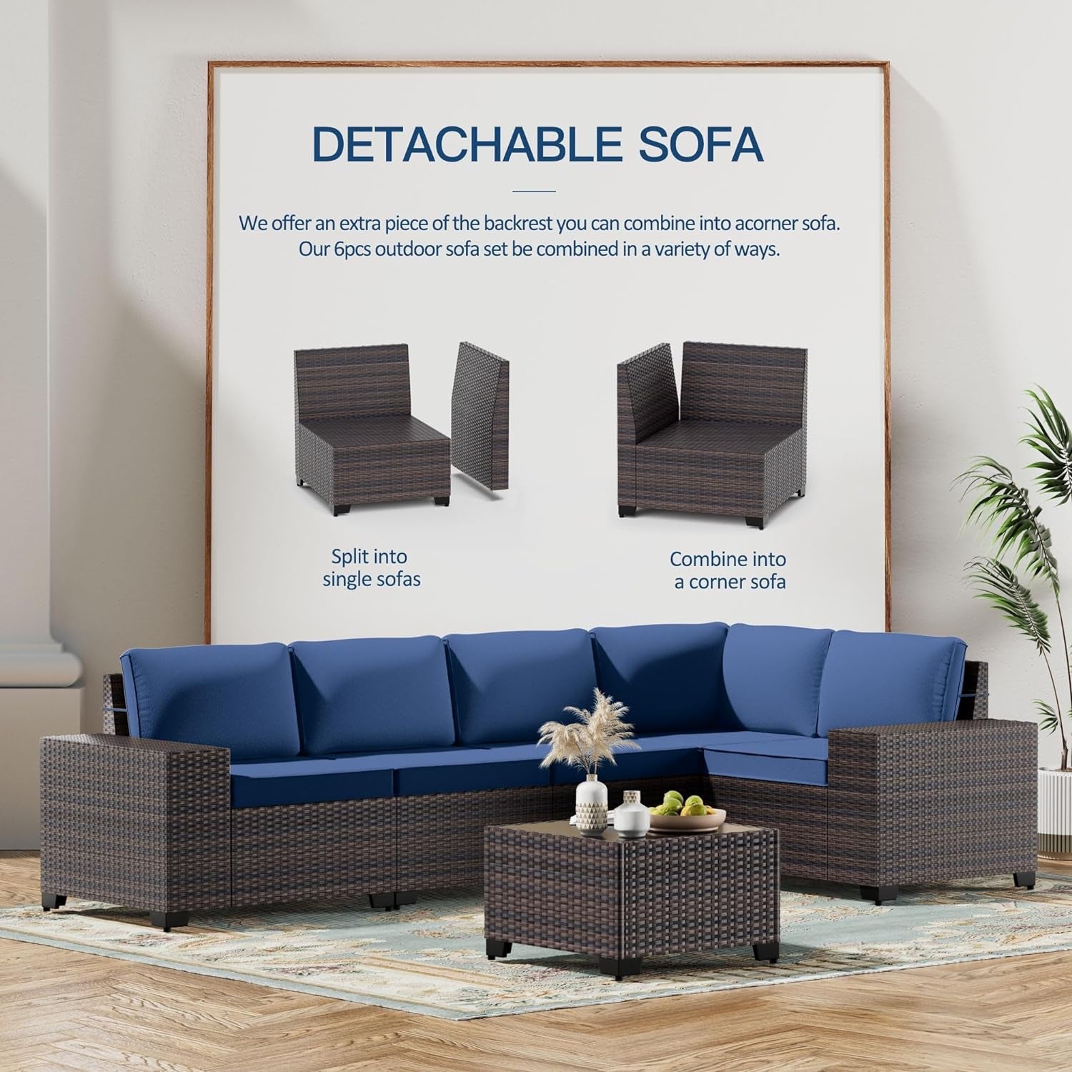 6PCS Outdoor Patio Furniture Set PE Wicker Rattan Sectional Sofa Patio Conversation Sets,Navy Blue-4