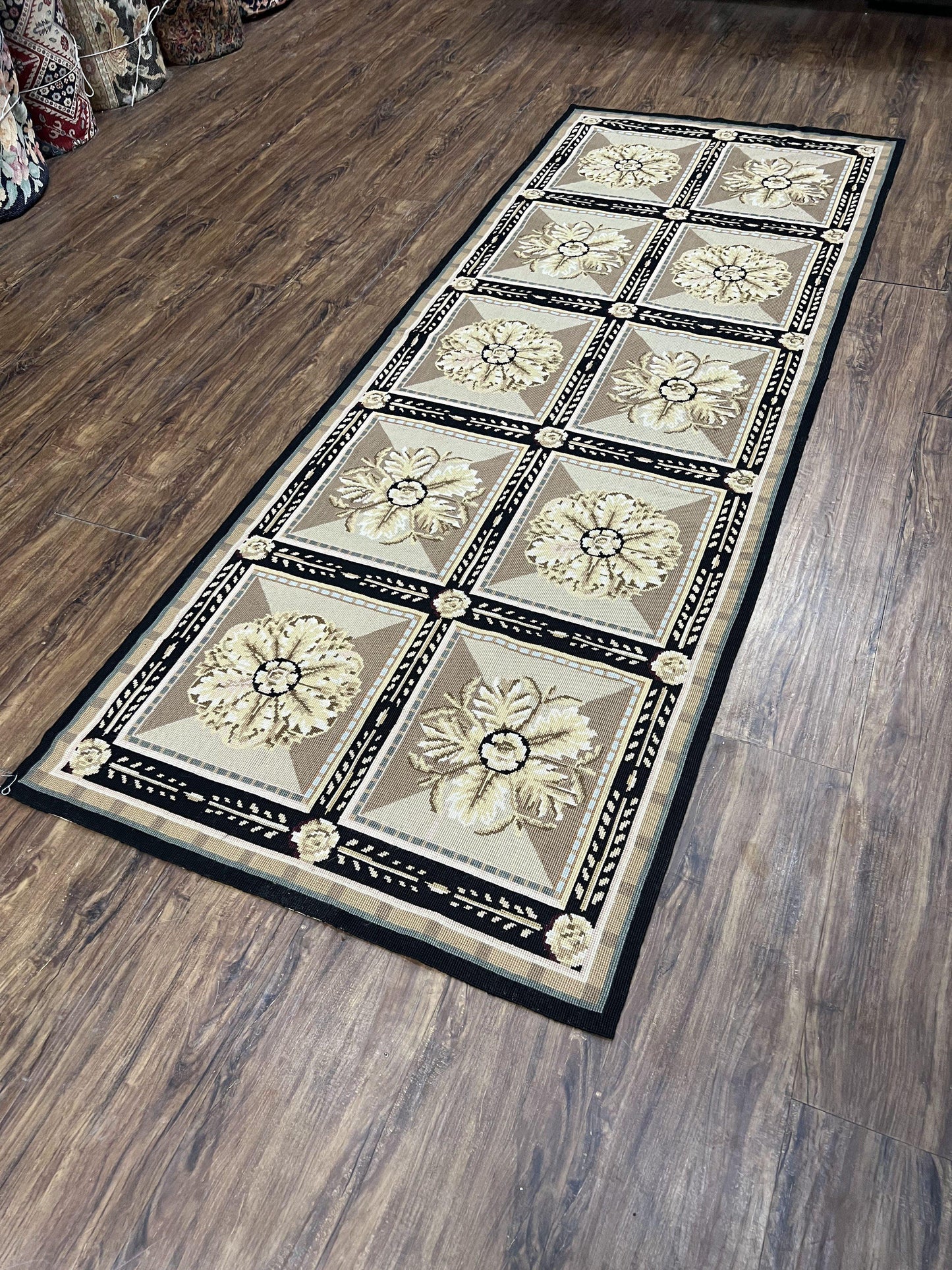 Needlepoint Runner Rug 3x8 Panel Design Rug, Flatweave Runner Rug, English Design, Floral, Short Runner Rug, Black and Beige Wool Hand-Woven-1