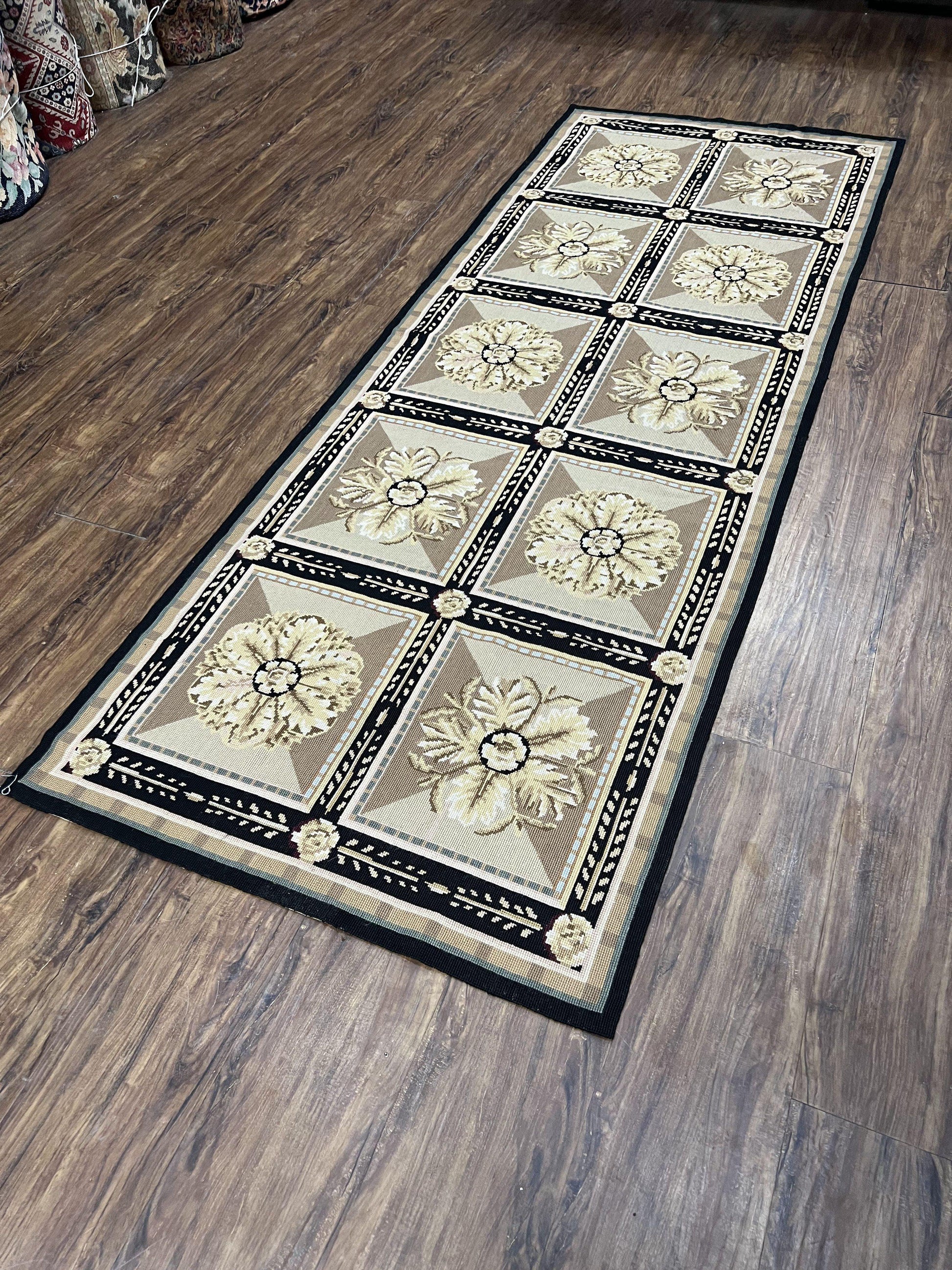 Needlepoint Runner Rug 3x8 Panel Design Rug, Flatweave Runner Rug, English Design, Floral, Short Runner Rug, Black and Beige Wool Hand-Woven-1